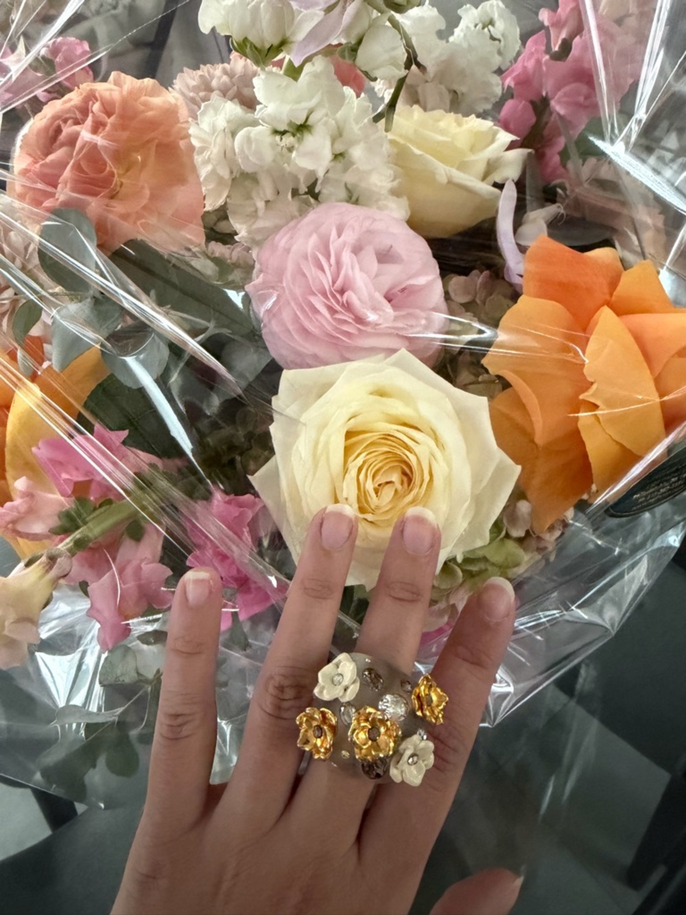 Handmade Floral Statement Ring in Gold and Cream